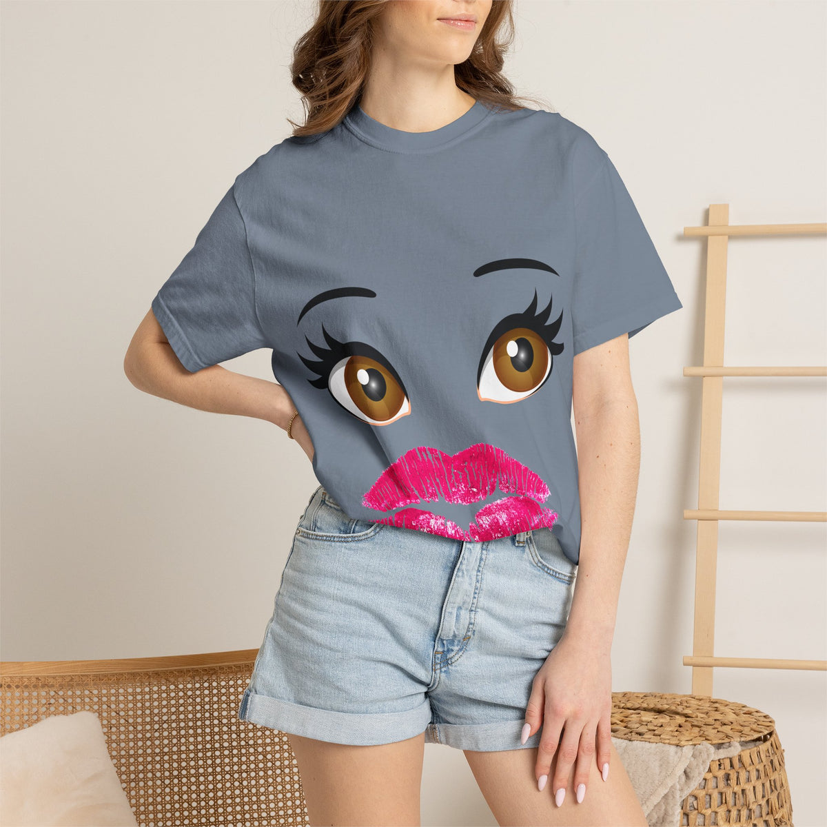 Kiss Face T-Shirt — Playful Lip Print Tee with Flirty Eyes
