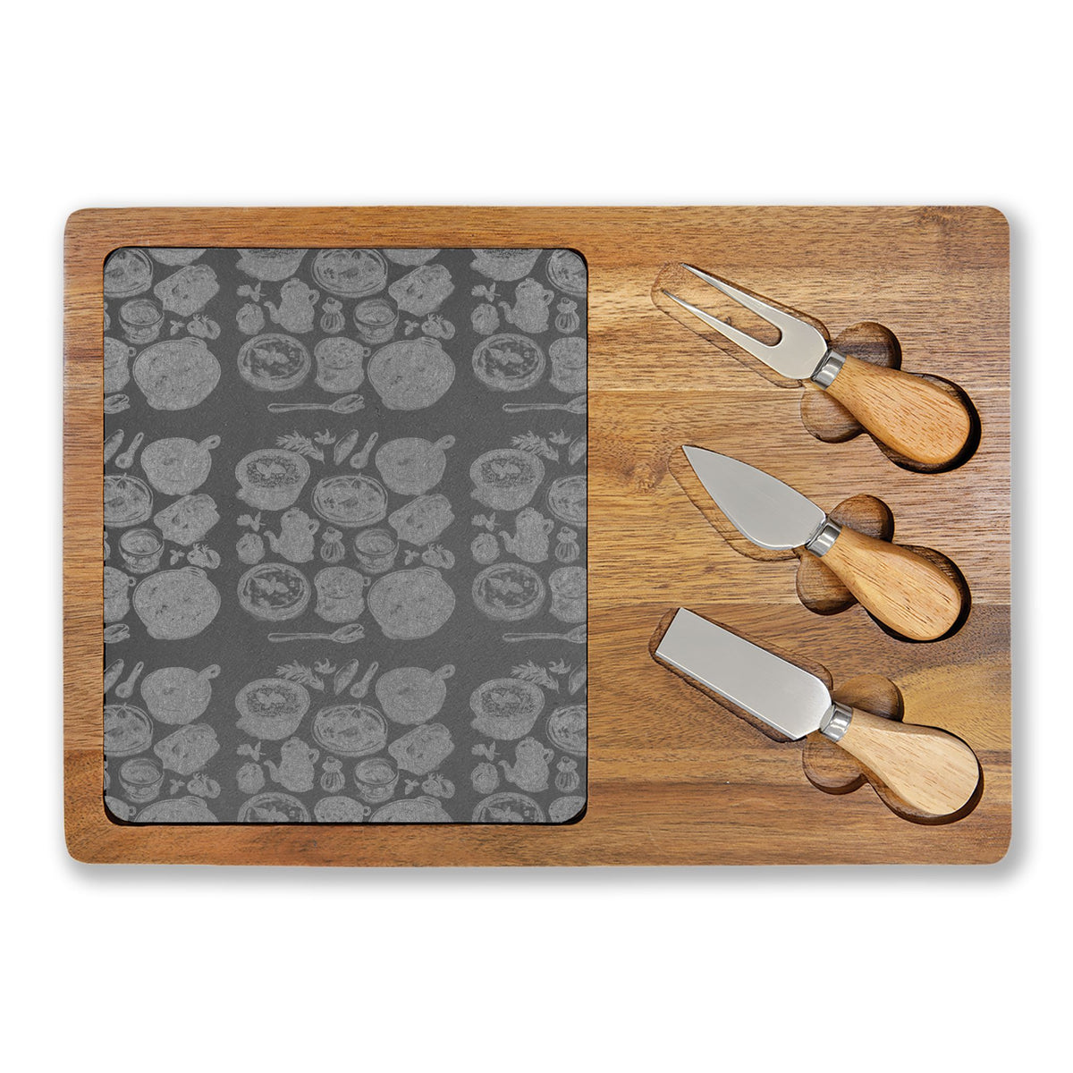Engraved Bamboo Charcuterie Board with Cheese Knives — Floral Slate Inlay