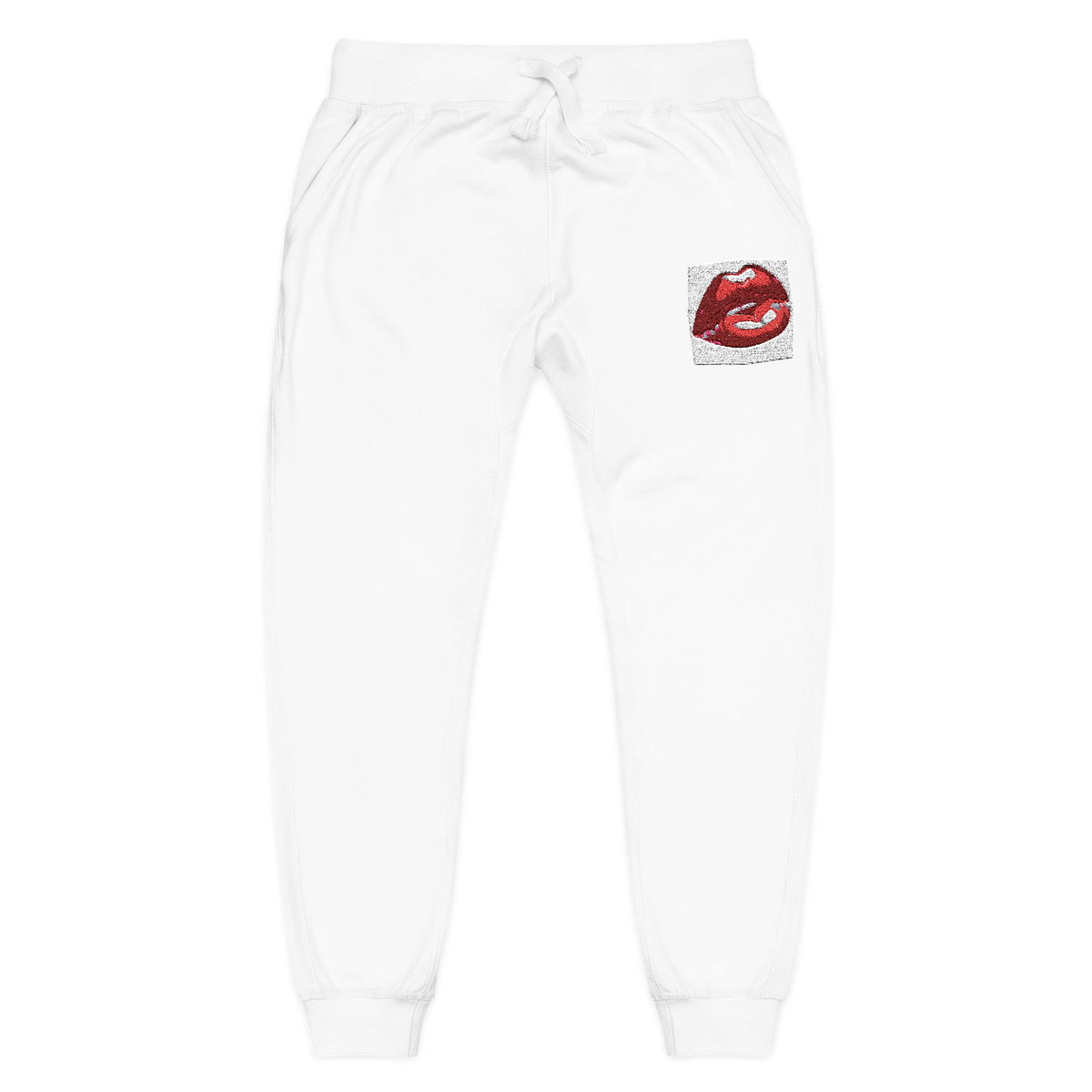 Embroidered Dripping Lip Sweatpants — White Fleece Joggers