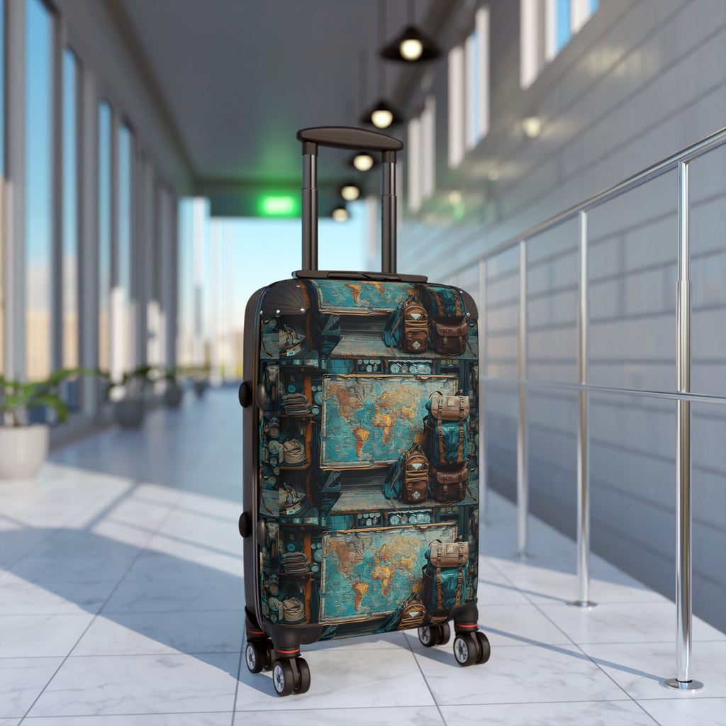Vintage Map & Backpack Print Suitcase — Retro Travel Luggage