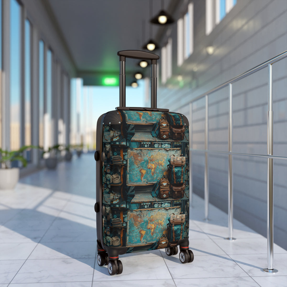 Vintage Map & Backpack Print Suitcase — Retro Travel Luggage