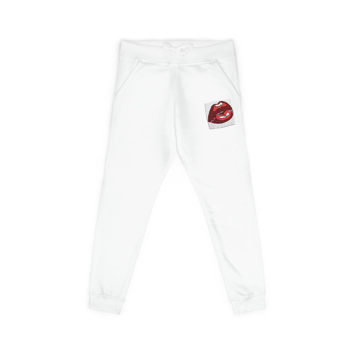 Embroidered Dripping Lip Sweatpants — White Fleece Joggers