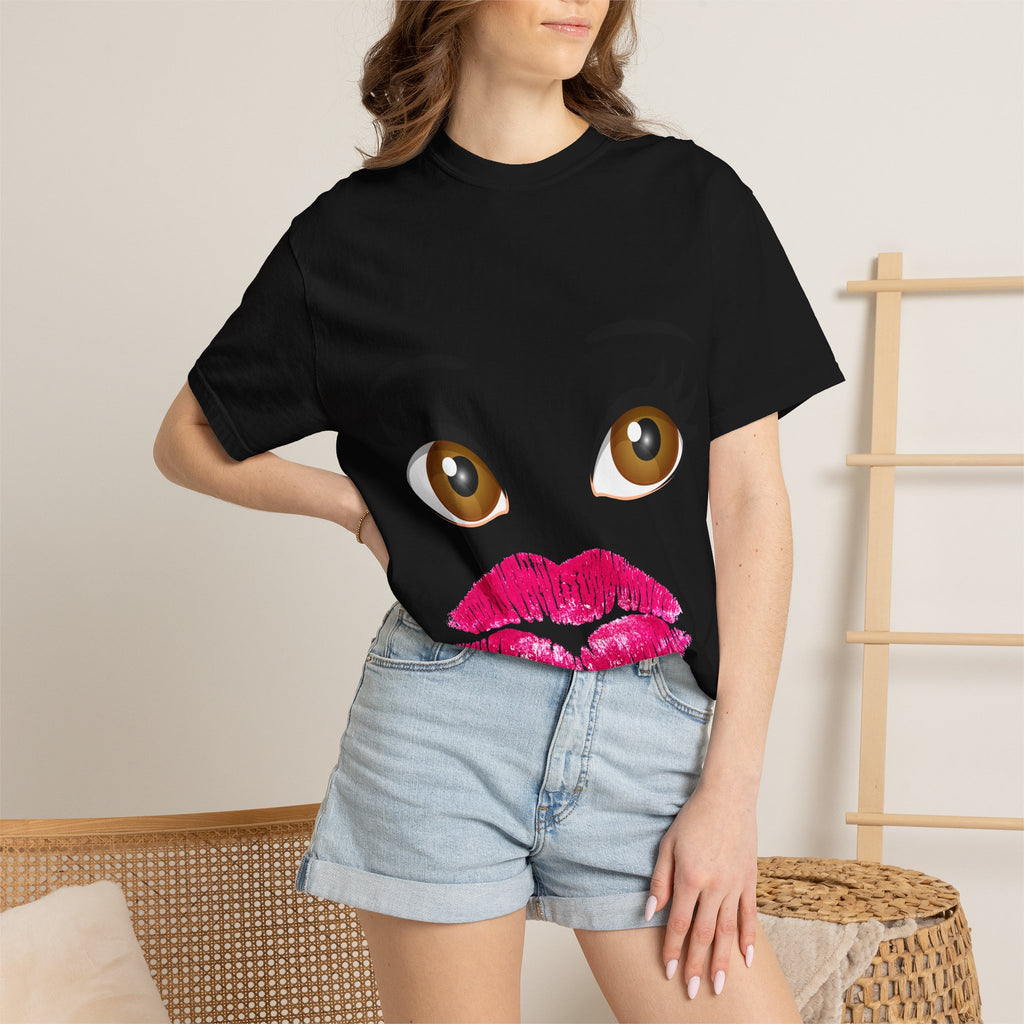 Kiss Face T-Shirt — Playful Lip Print Tee with Flirty Eyes