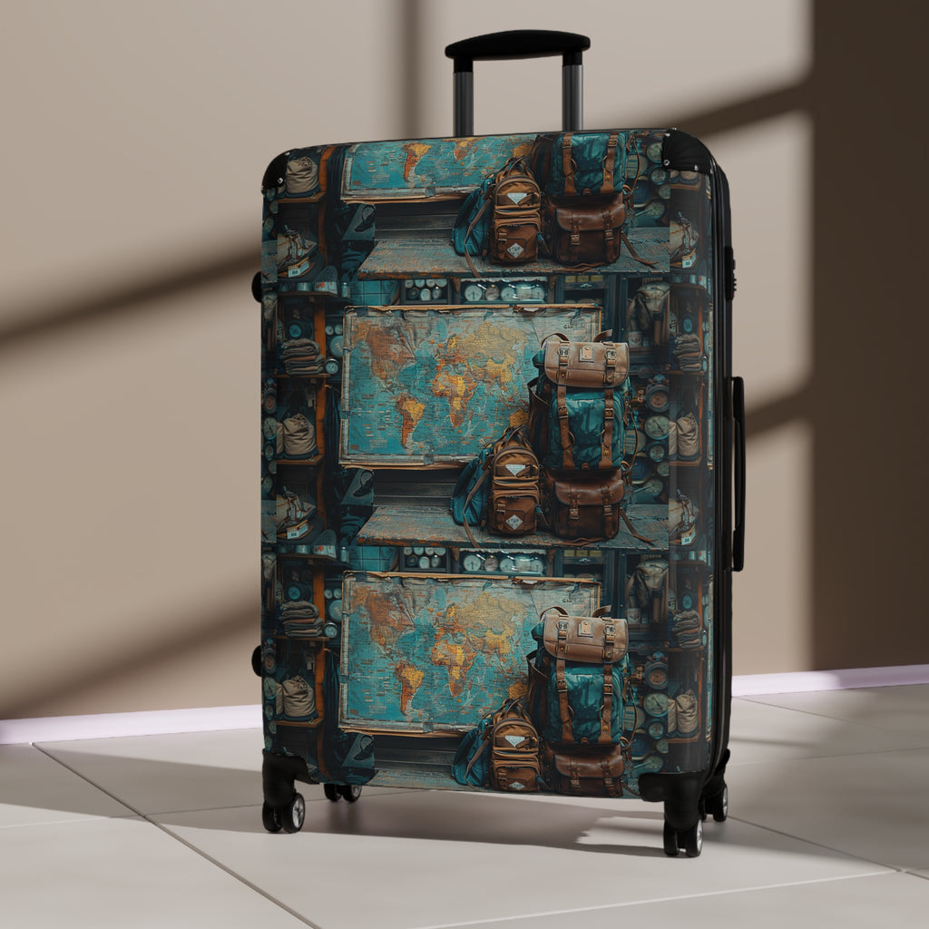 Vintage Map & Backpack Print Suitcase — Retro Travel Luggage