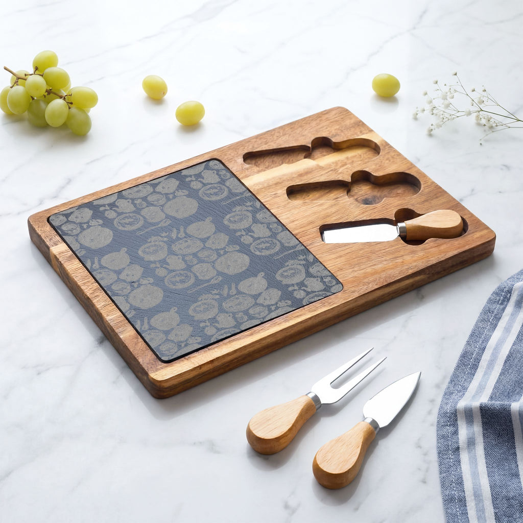 Engraved Bamboo Charcuterie Board with Cheese Knives — Floral Slate Inlay