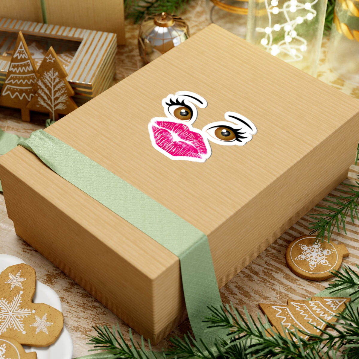 Kiss Mark & Eyes Kiss-Cut Sticker — Cute Lip Print Laptop Decal