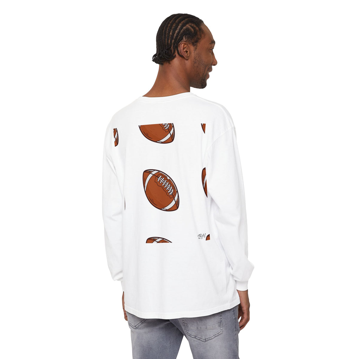 Football Pattern Long Sleeve Tee — Retro Brown Football Print
