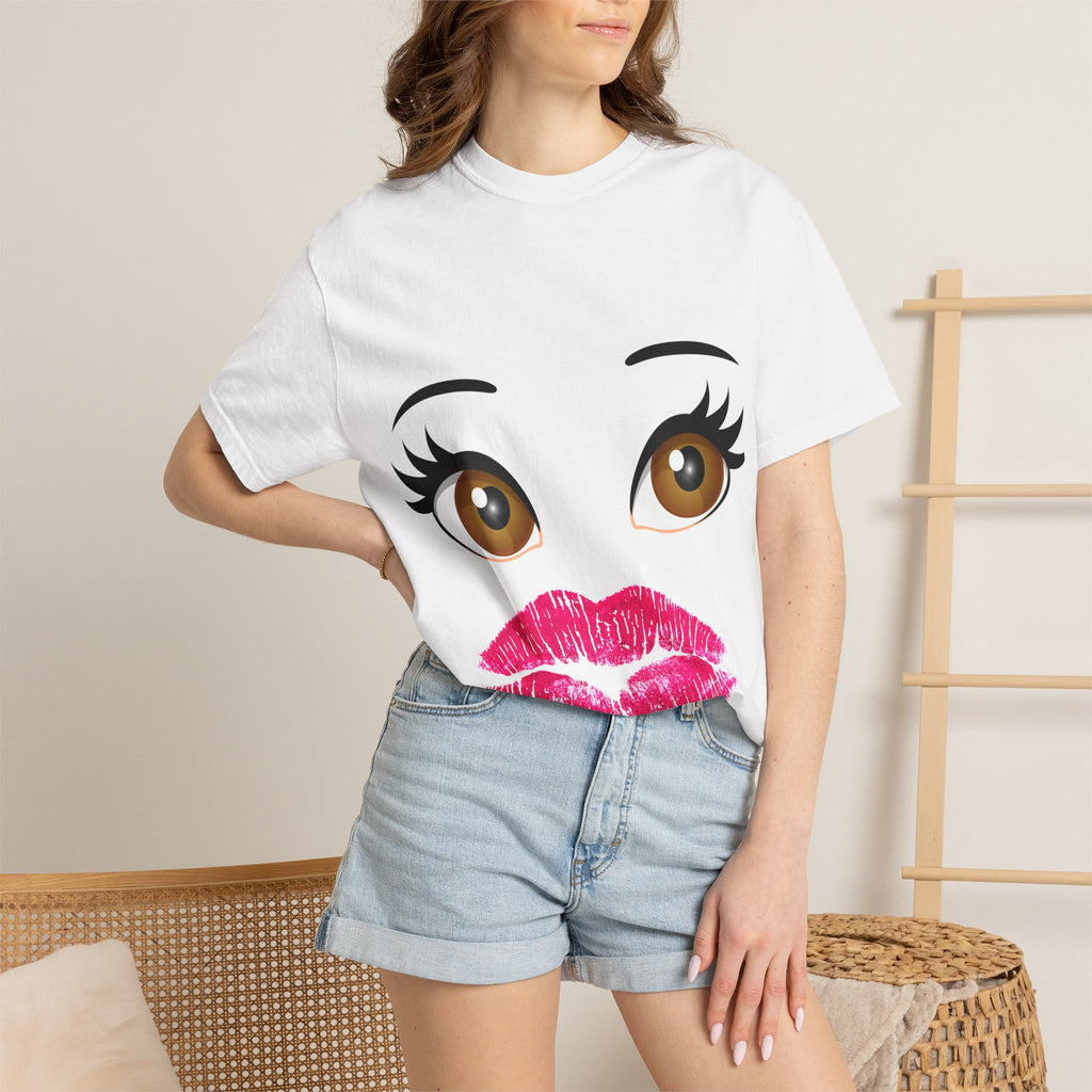 Kiss Face T-Shirt — Playful Lip Print Tee with Flirty Eyes