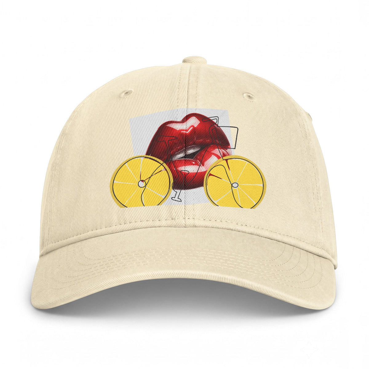 Graphic Baseball Cap — Retro Red Lips Bicycle Design (Coastal Washed)