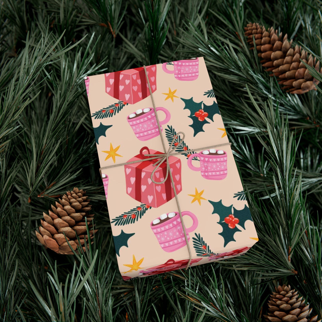 Christmas Hot Cocoa Gift Wrap Paper — Festive Holly & Present Wrapping Sheet