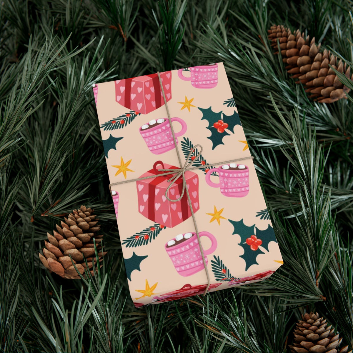 Christmas Hot Cocoa Gift Wrap Paper — Festive Holly & Present Wrapping Sheet