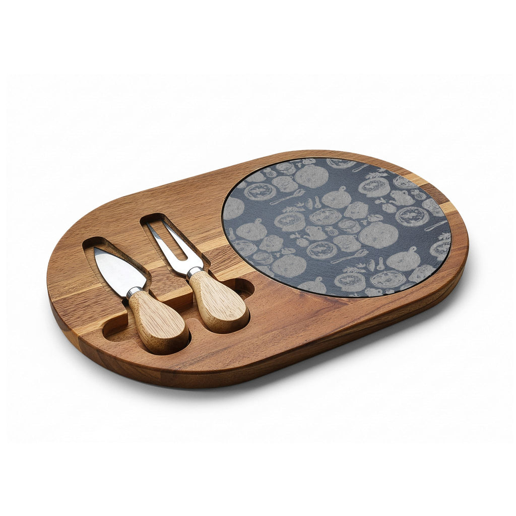 Engraved Bamboo Charcuterie Board with Cheese Knives — Floral Slate Inlay