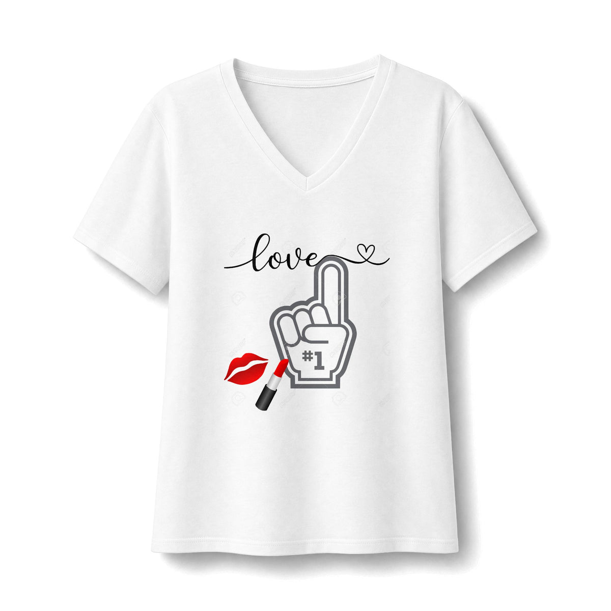 Love #1 Foam Finger Lipstick Graphic V-Neck Tee