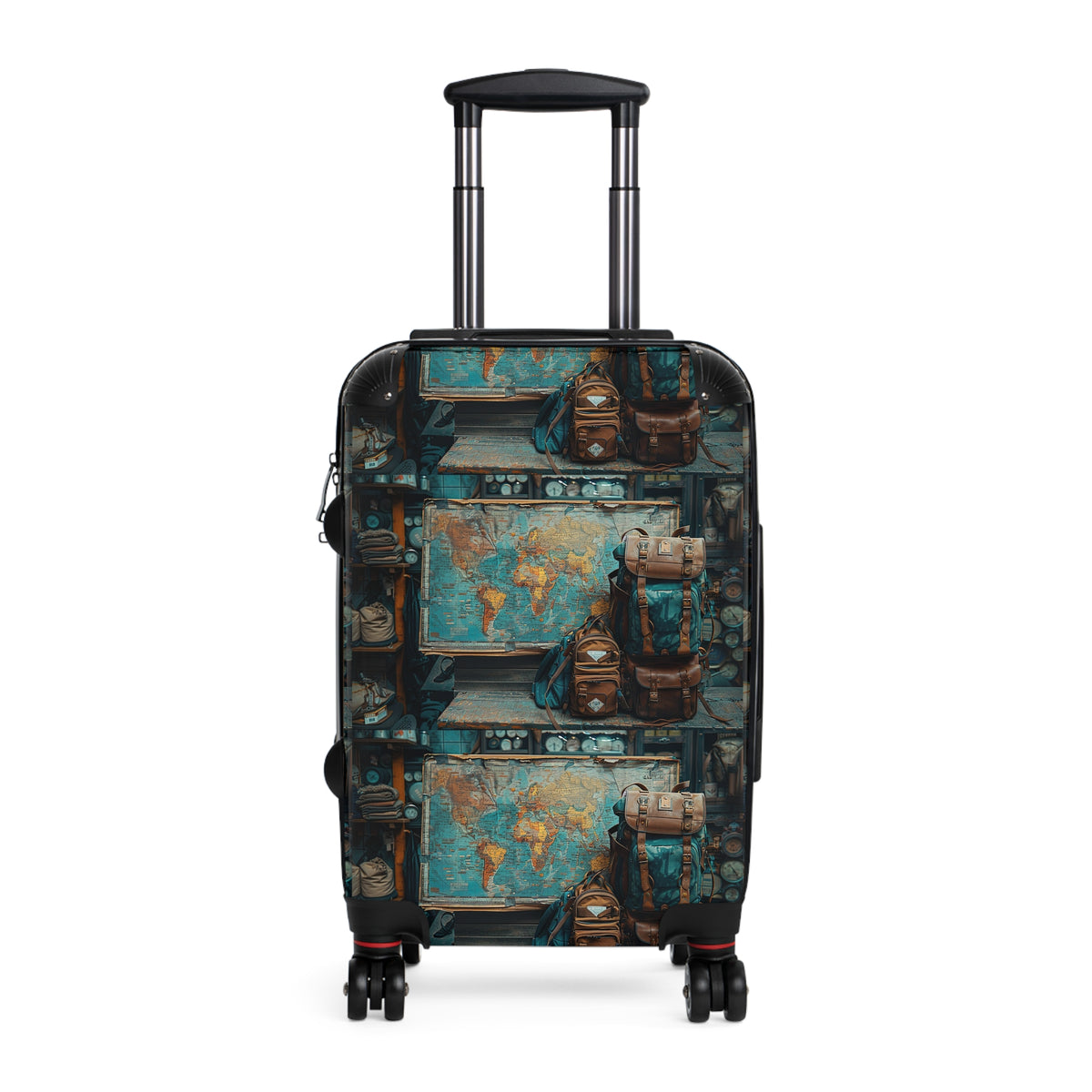 Vintage Map & Backpack Print Suitcase — Retro Travel Luggage