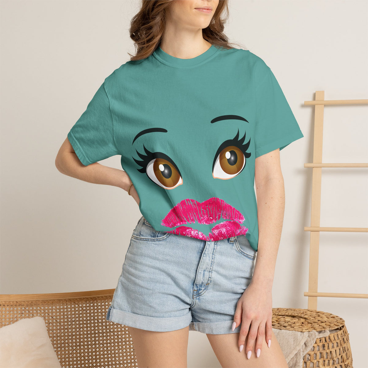 Kiss Face T-Shirt — Playful Lip Print Tee with Flirty Eyes