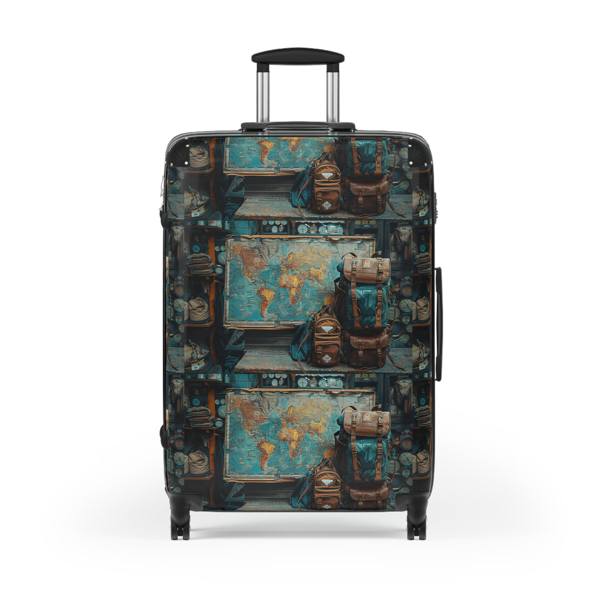 Vintage Map & Backpack Print Suitcase — Retro Travel Luggage
