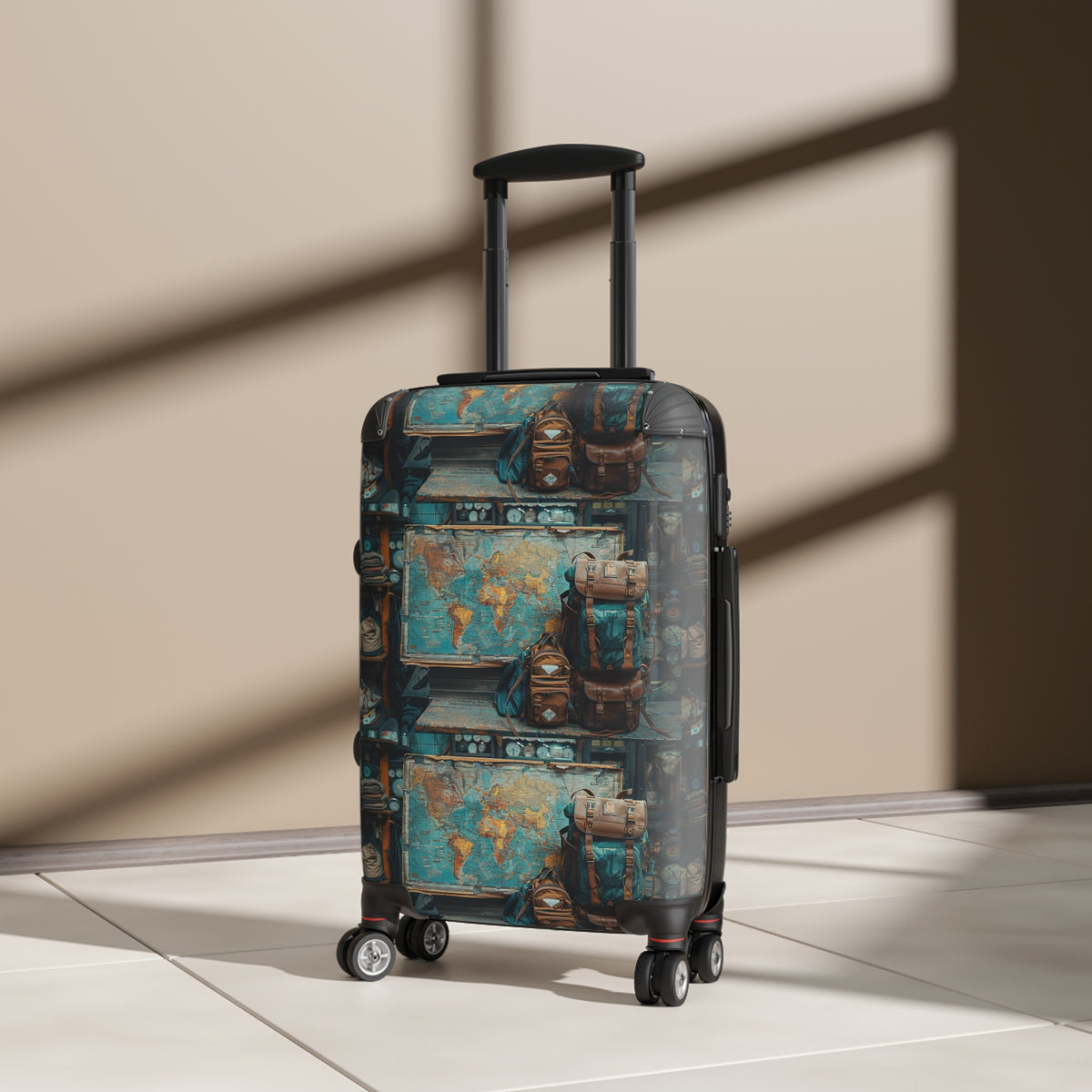 Vintage Map & Backpack Print Suitcase — Retro Travel Luggage