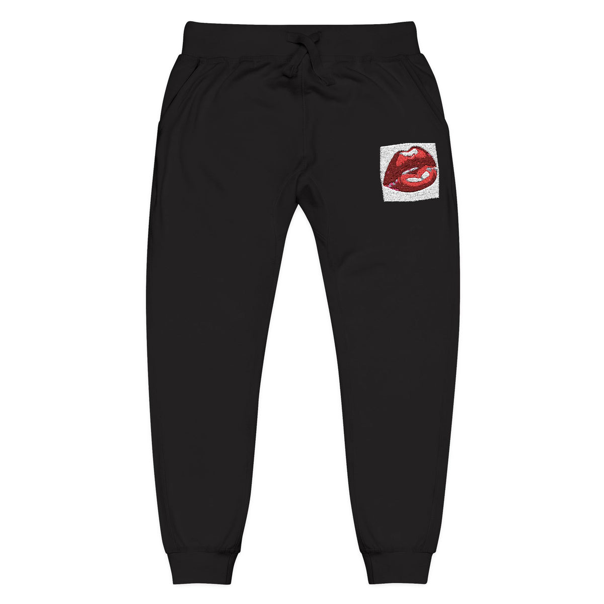 Embroidered Dripping Lip Sweatpants — White Fleece Joggers