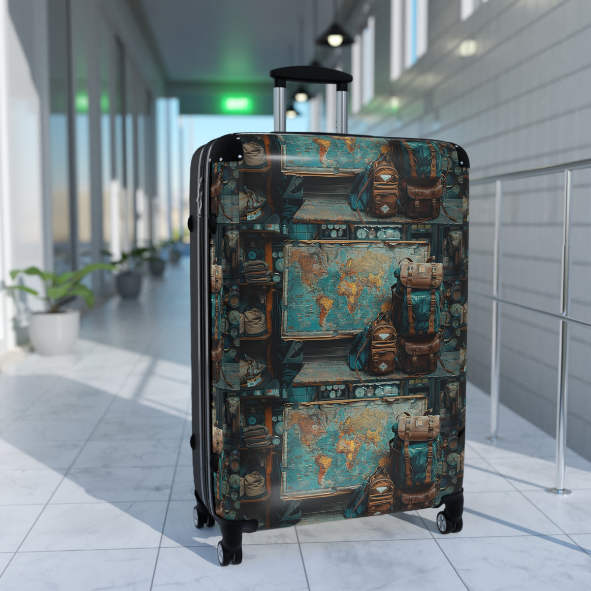 Vintage Map & Backpack Print Suitcase — Retro Travel Luggage