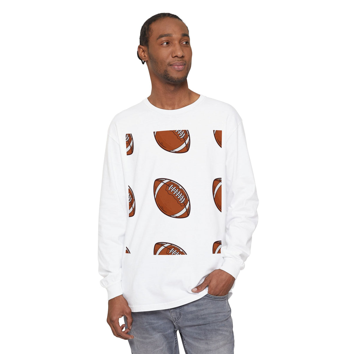 Football Pattern Long Sleeve Tee — Retro Brown Football Print