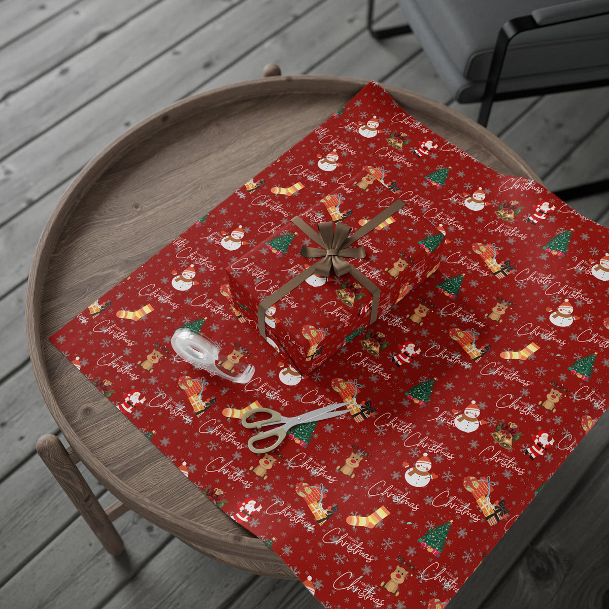 Christmas Pattern Wrapping Paper – Red Snowman, Reindeer & Tree Holiday Gift Wrap