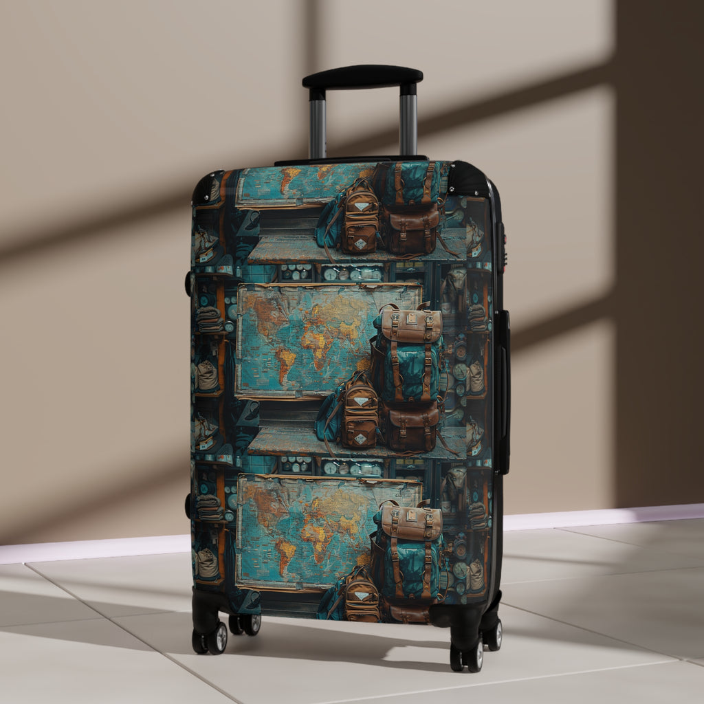 Vintage Map & Backpack Print Suitcase — Retro Travel Luggage