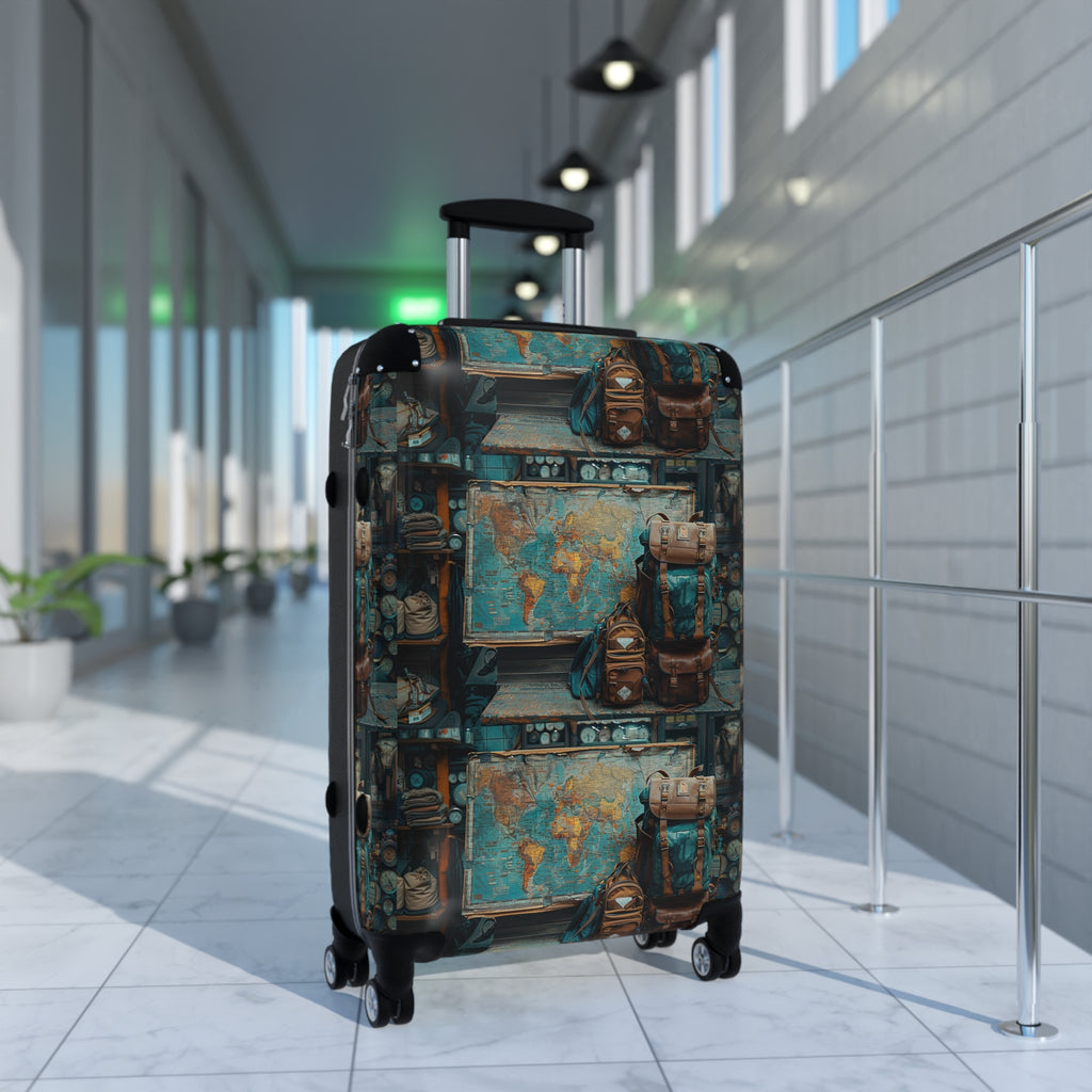 Vintage Map & Backpack Print Suitcase — Retro Travel Luggage