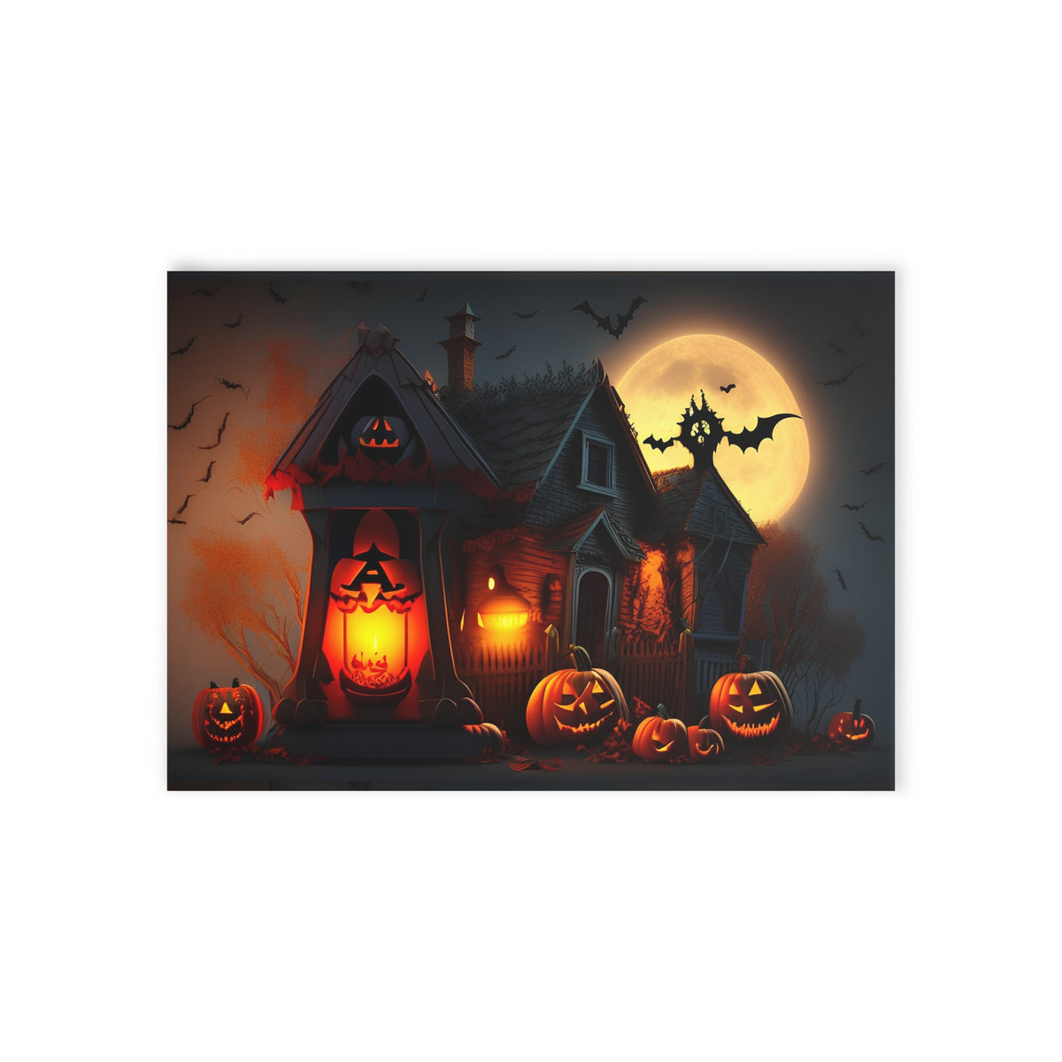 Halloween Haunted House Holiday Card — Two-Sided Blank Interior, Spooky Pumpkin & Full Moon Design
