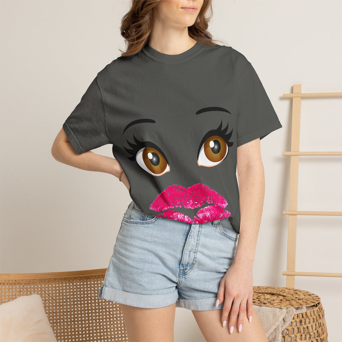 Kiss Face T-Shirt — Playful Lip Print Tee with Flirty Eyes