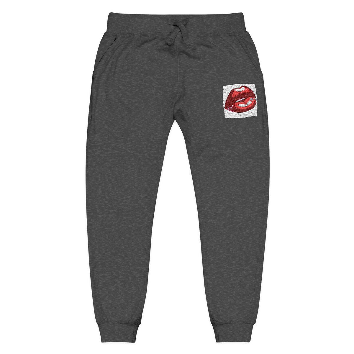 Embroidered Dripping Lip Sweatpants — White Fleece Joggers