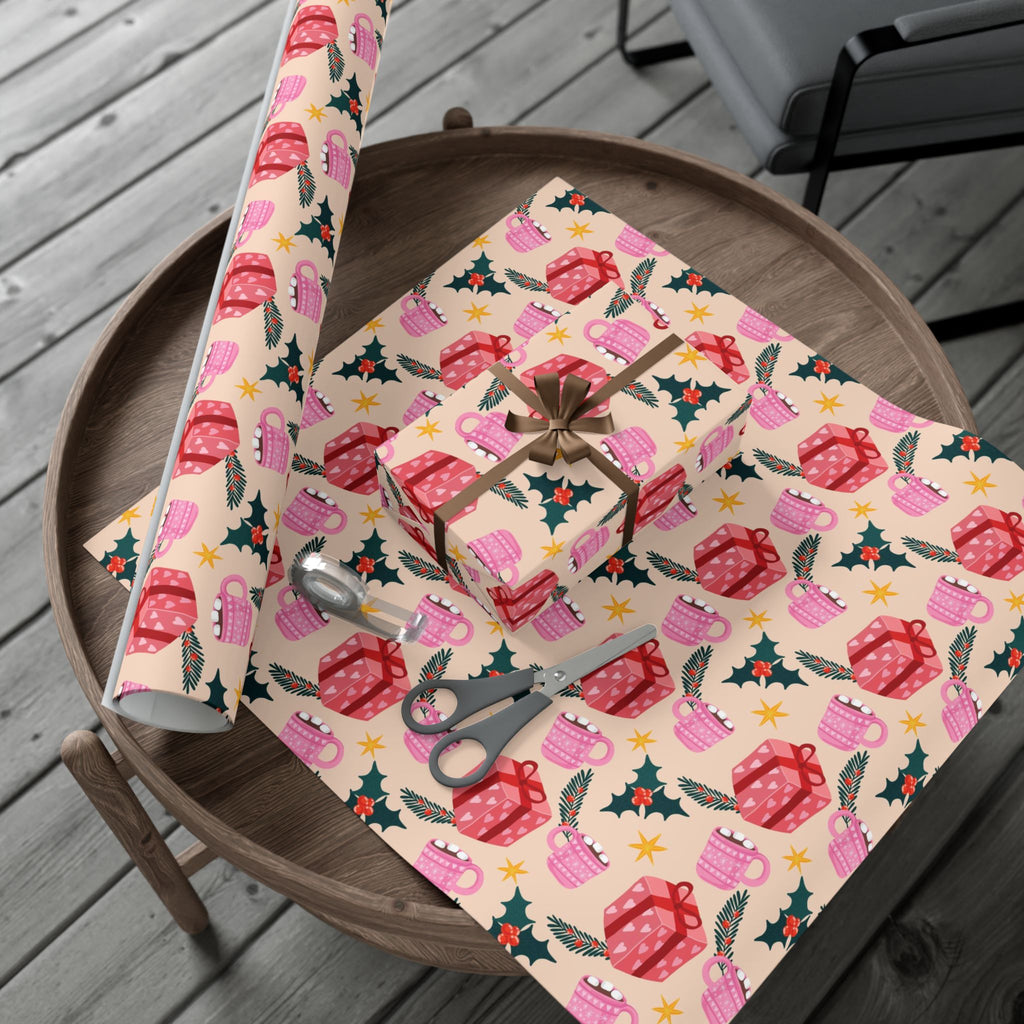 Christmas Hot Cocoa Gift Wrap Paper — Festive Holly & Present Wrapping Sheet