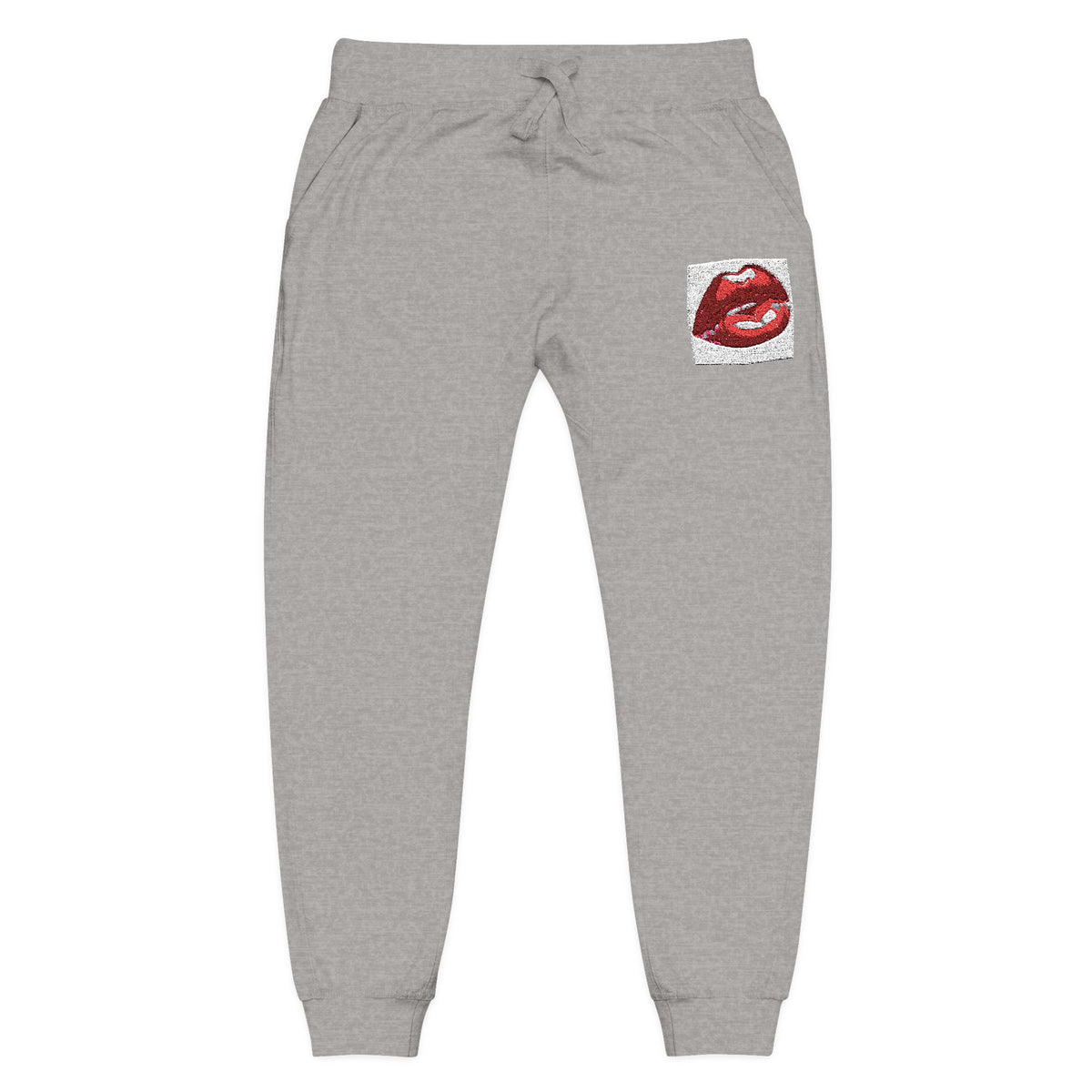 Embroidered Dripping Lip Sweatpants — White Fleece Joggers