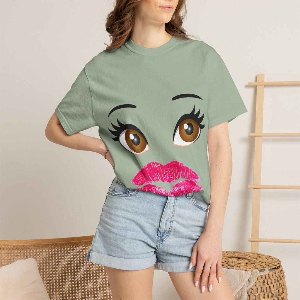 Kiss Face T-Shirt — Playful Lip Print Tee with Flirty Eyes