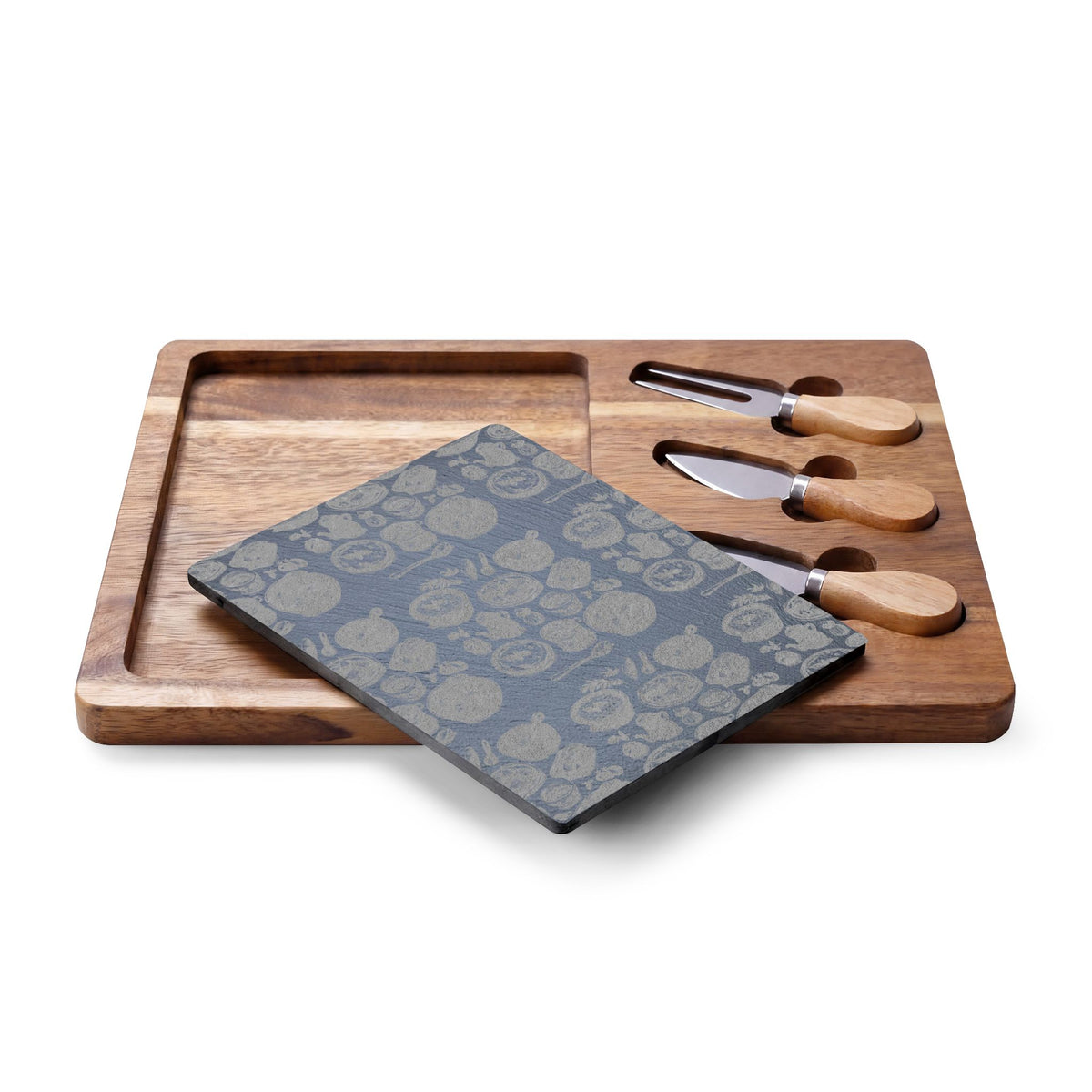 Engraved Bamboo Charcuterie Board with Cheese Knives — Floral Slate Inlay