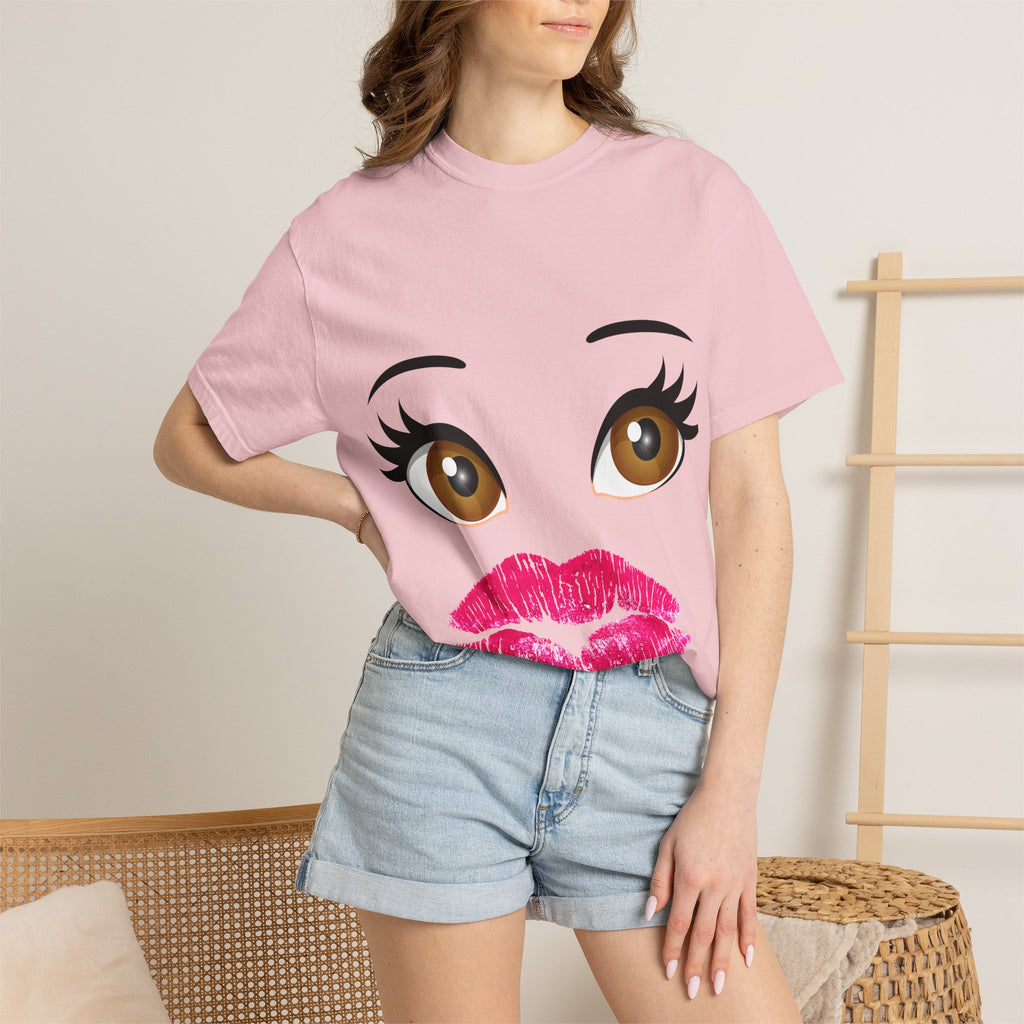 Kiss Face T-Shirt — Playful Lip Print Tee with Flirty Eyes