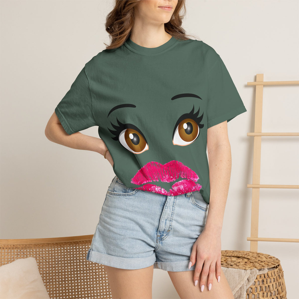 Kiss Face T-Shirt — Playful Lip Print Tee with Flirty Eyes