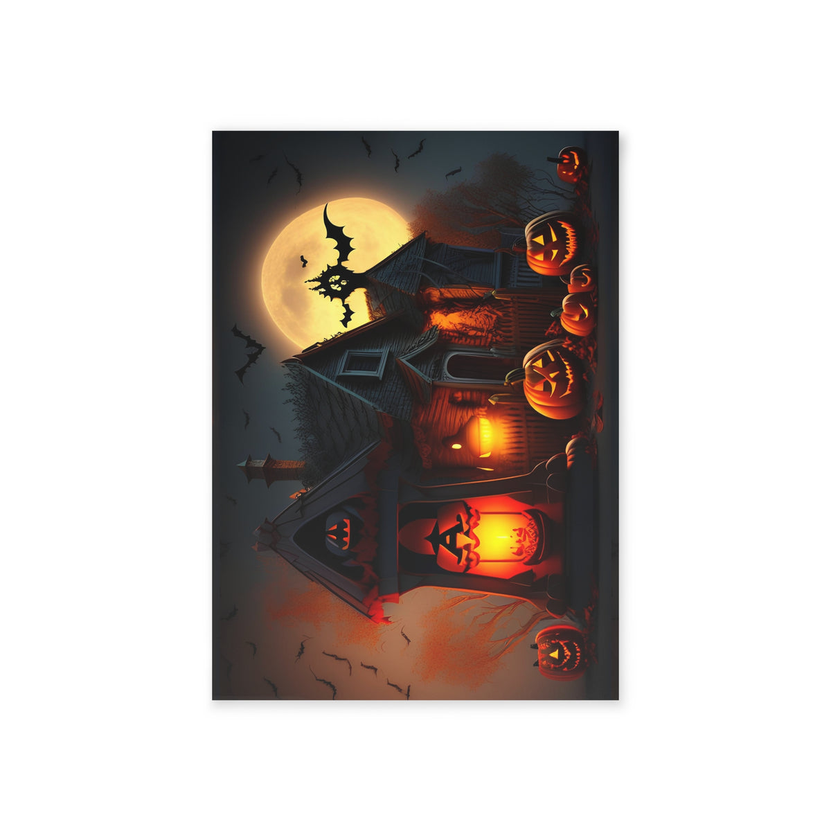 Halloween Haunted House Holiday Card — Two-Sided Blank Interior, Spooky Pumpkin & Full Moon Design