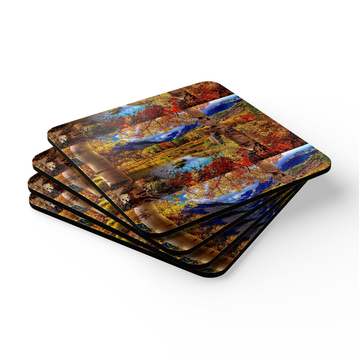 Autumn Aspen Lake Cork Coaster Set — Scenic Fall Landscape Drink Coasters (4-Pack)
