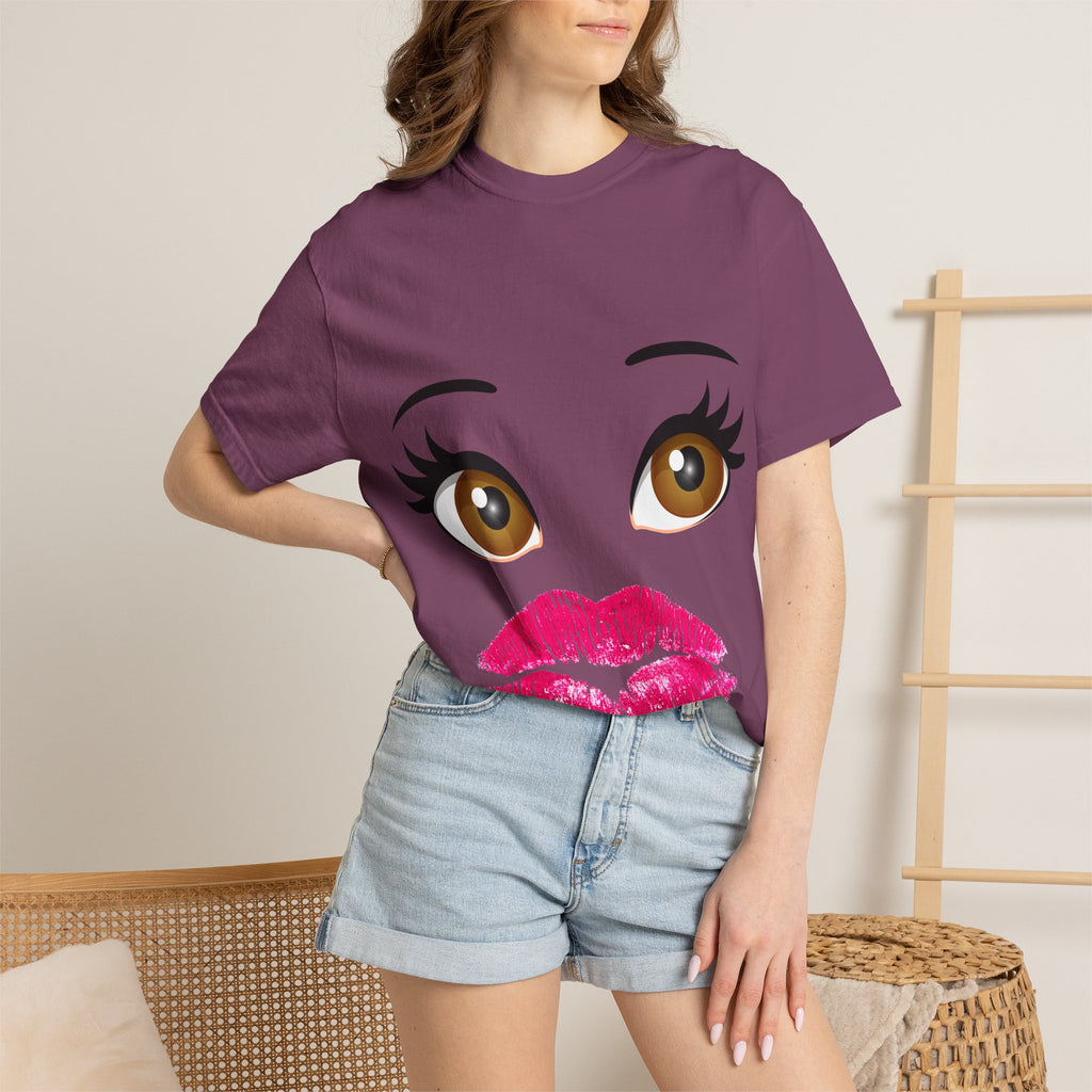 Kiss Face T-Shirt — Playful Lip Print Tee with Flirty Eyes