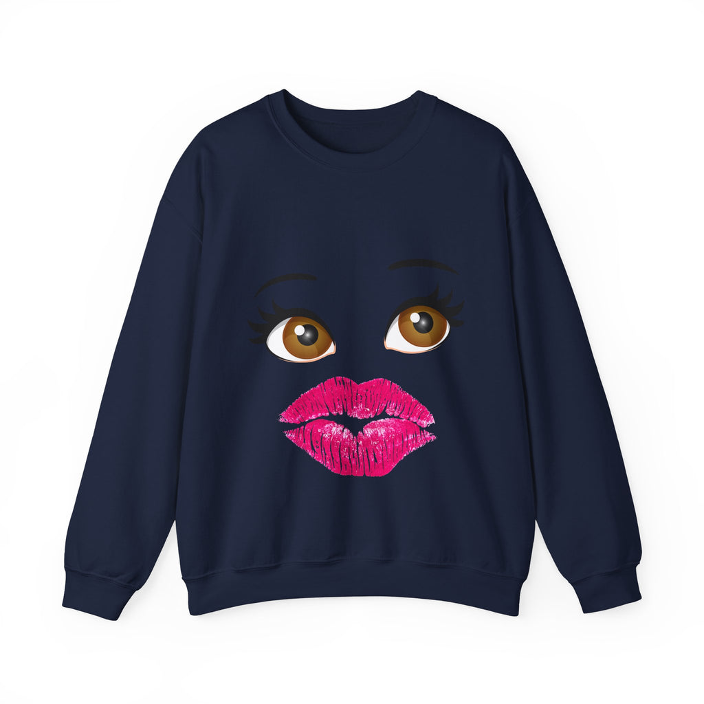 Kiss Face Crewneck Sweatshirt – Cute Big Eyes & Pink Lip Print