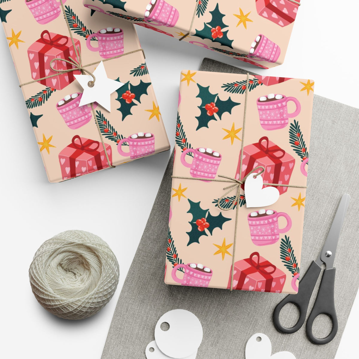 Christmas Hot Cocoa Gift Wrap Paper — Festive Holly & Present Wrapping Sheet