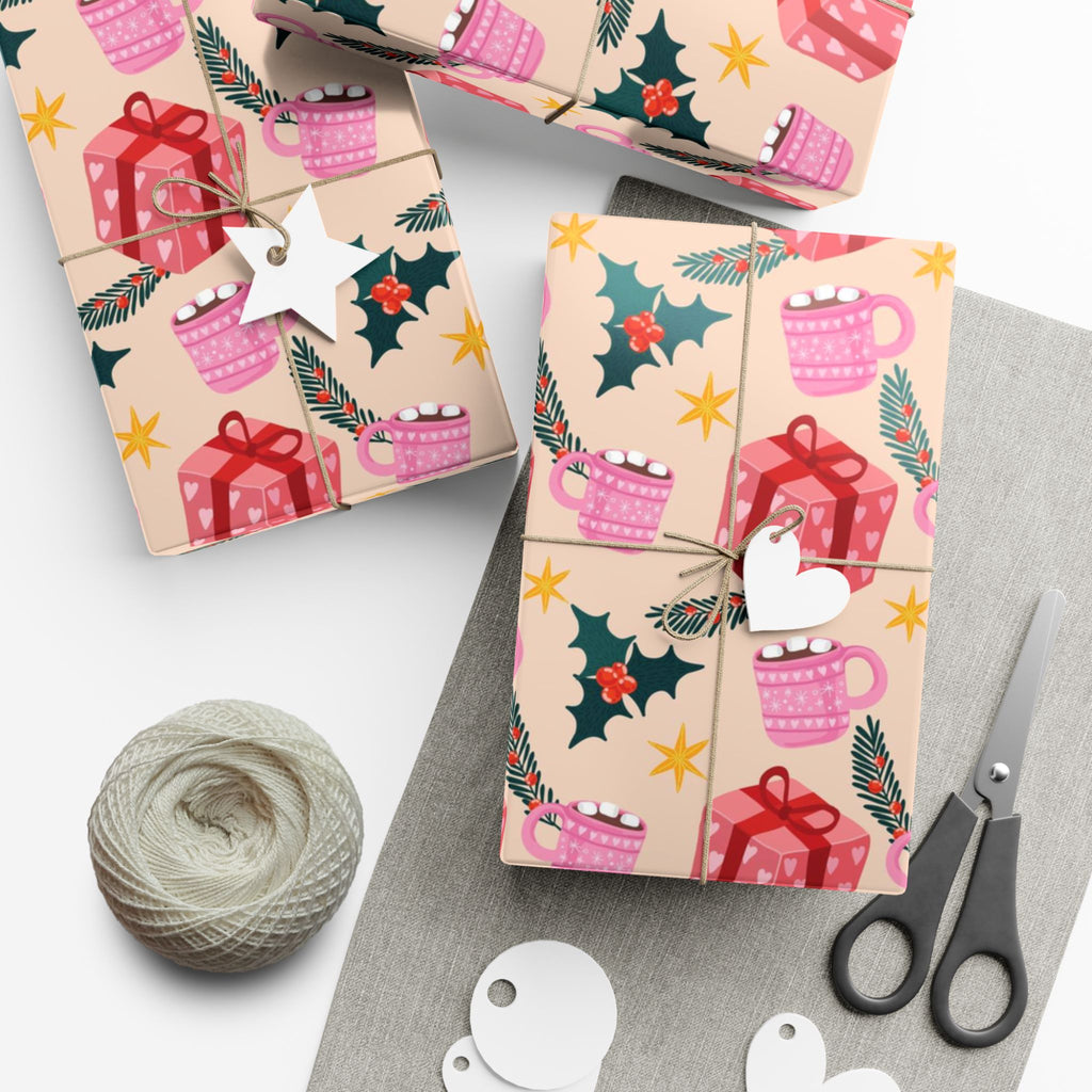 Christmas Hot Cocoa Gift Wrap Paper — Festive Holly & Present Wrapping Sheet
