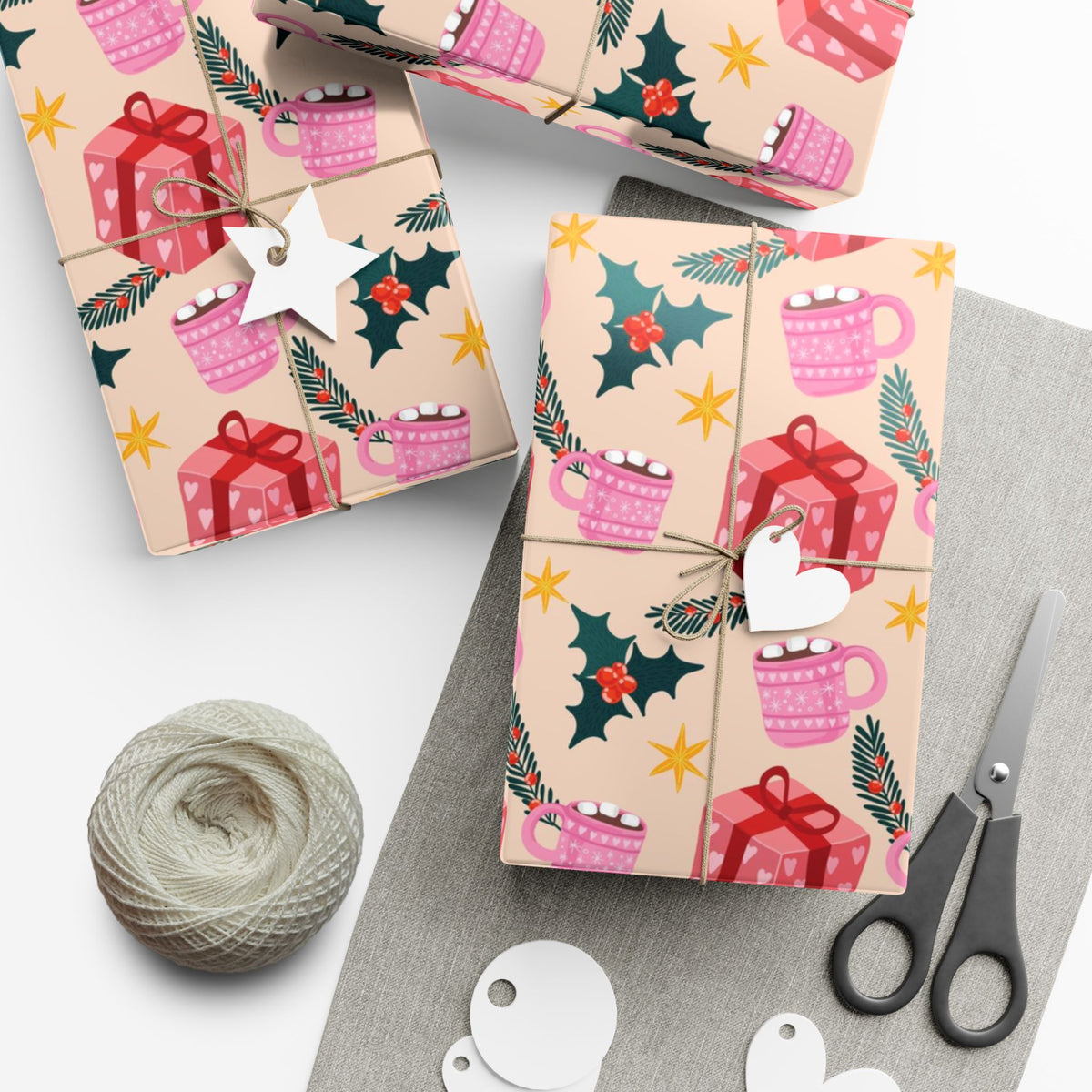 Christmas Hot Cocoa Gift Wrap Paper — Festive Holly & Present Wrapping Sheet