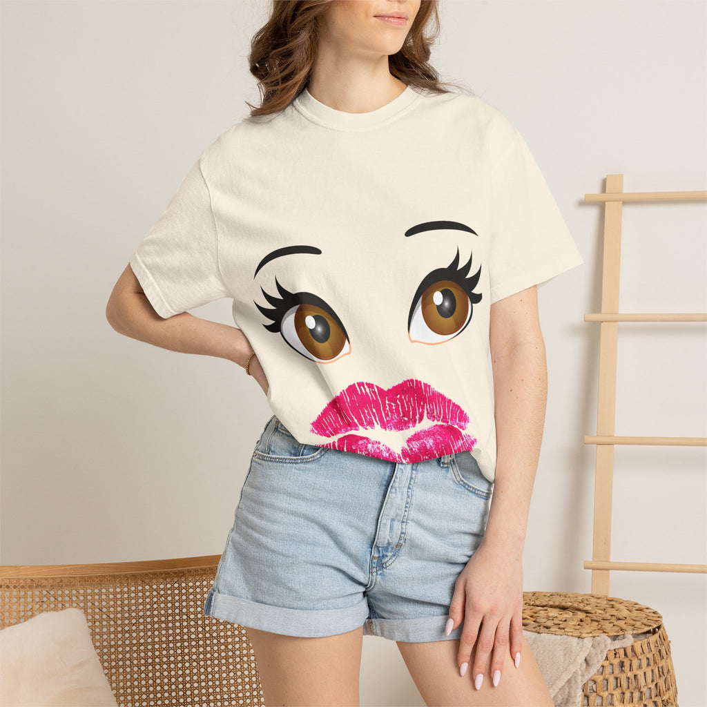 Kiss Face T-Shirt — Playful Lip Print Tee with Flirty Eyes