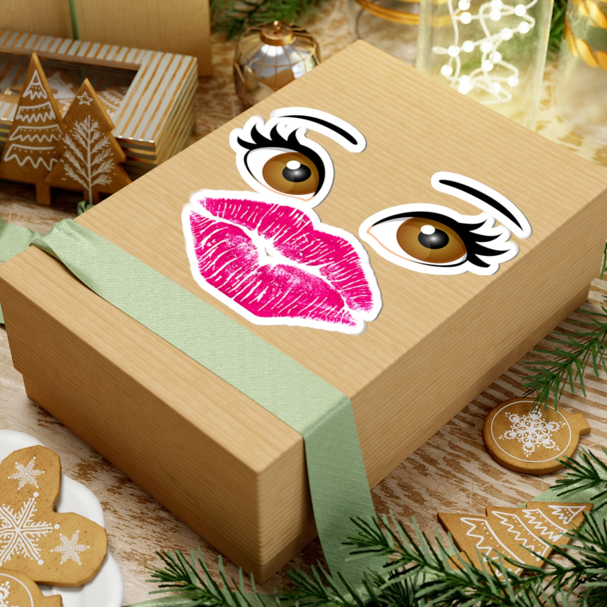 Kiss Mark & Eyes Kiss-Cut Sticker — Cute Lip Print Laptop Decal