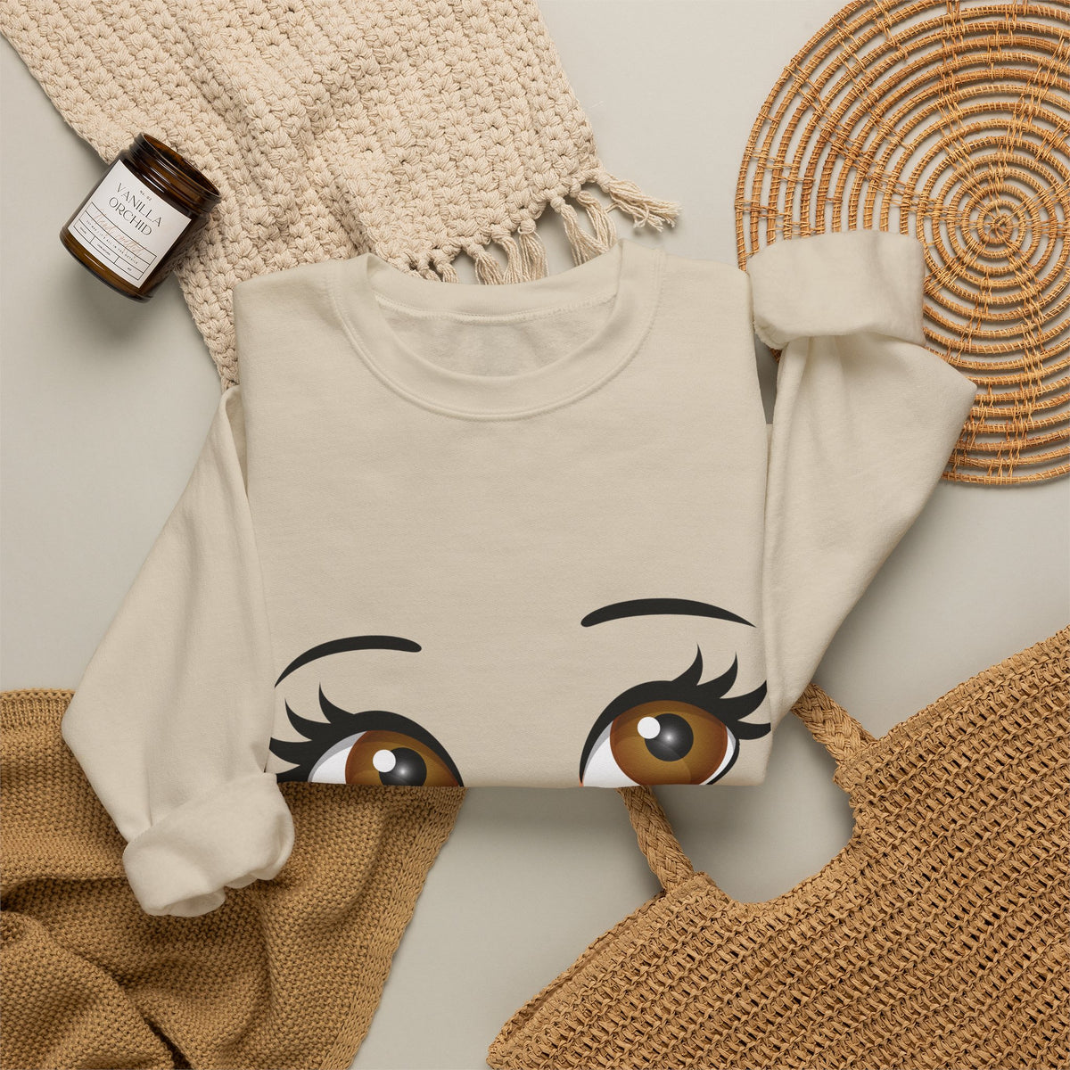 Kiss Face Crewneck Sweatshirt – Cute Big Eyes & Pink Lip Print