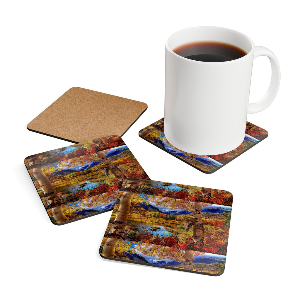 Autumn Aspen Lake Cork Coaster Set — Scenic Fall Landscape Drink Coasters (4-Pack)
