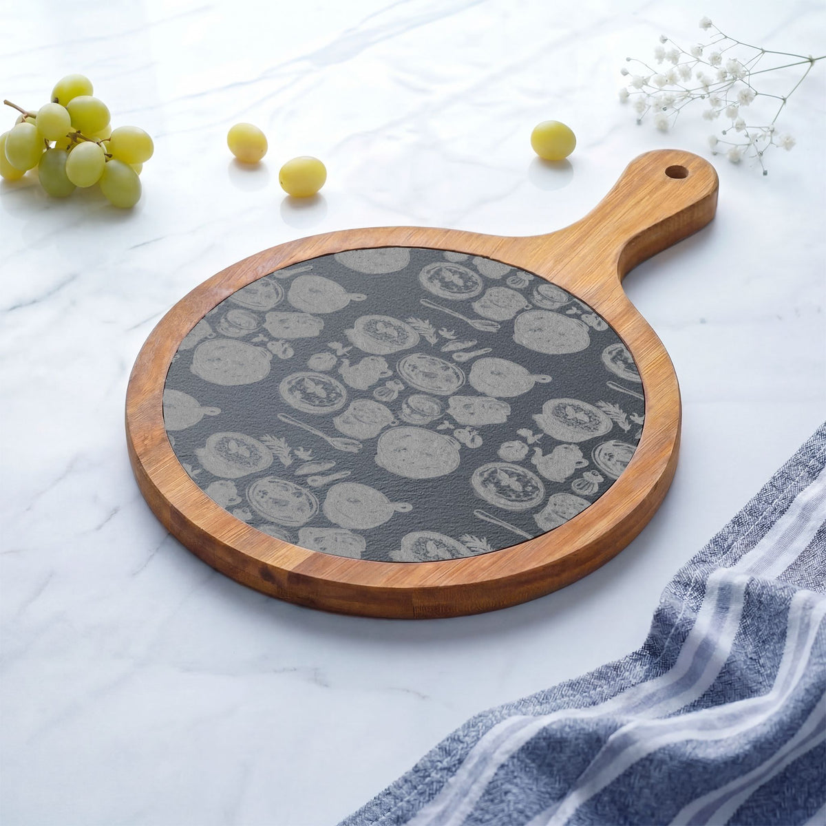 Engraved Bamboo Charcuterie Board with Cheese Knives — Floral Slate Inlay