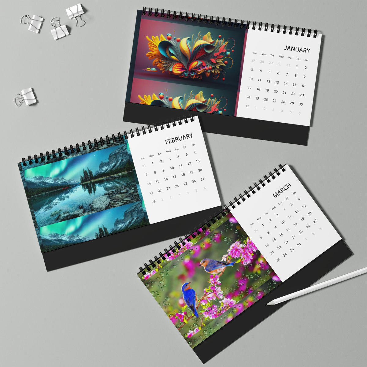 2027 Artistic Desktop Calendar — Spiral Grid Desk Planner