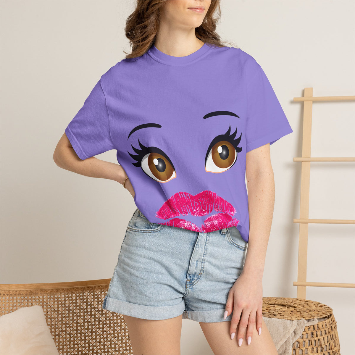 Kiss Face T-Shirt — Playful Lip Print Tee with Flirty Eyes